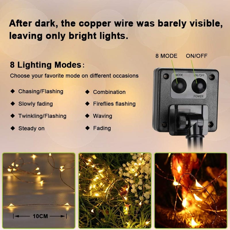 BRIZLER 2 Pack Solar String Lights, Total 132FT 400 LED Outdoor Solar Fairy Lights, 8 Modes Solar Twinkle Lights, Waterproof Mini LED Solar String Lights for Christmas Garden Party Decor, Warm White - Image 3